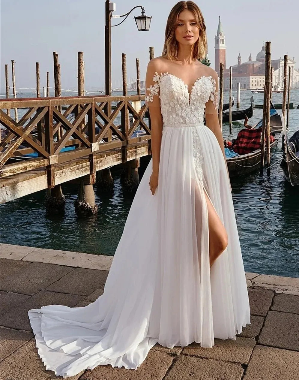 Sexy A-line wedding dress sheer illusion lace applique chiffon princess slit beach bridal gown
