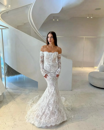 Customzied Sexy Long Sleeves Full Lace Applique Mermaid Wedding Dresses Sweep Train Vestido de novia Bride Dresses