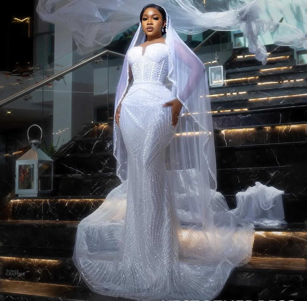 Aso Ebi mermaid wedding dress illusion beaded lace pearls crystals bridal gown bride