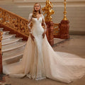 O-neck full sleeve beading mermaid bridal gown detachable train front view