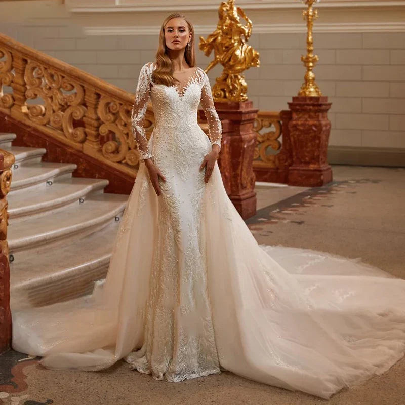 O-neck full sleeve beading mermaid bridal gown detachable train front view
