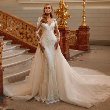 O-neck full sleeve beading mermaid bridal gown detachable train front view
