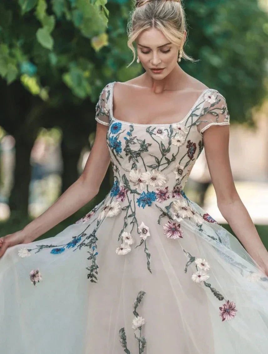 Colorful Embroidery Tulle A Line Wedding Dress Custom Made Boat Neck  Backless Plus Size Maxi Garden Bridal Gown