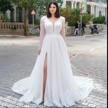 2024 New Long Sleeve Slit A-Line Wedding Dress Customized