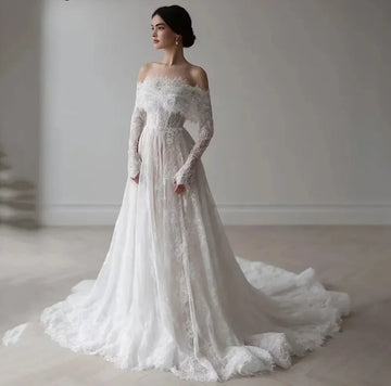 customized Lace Full Sleeves Wedding Dress Off The Shoulder A-line Bridal Gowns 2026 robe de mariage Vestidos De Novia