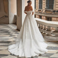 Elegant A-line tulle off-shoulder lace appliques floor length vintage bridal gown front view