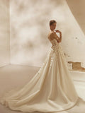 Romantic pearls 3D flower illusion long sleeve classic A-line appliques bridal gown back view