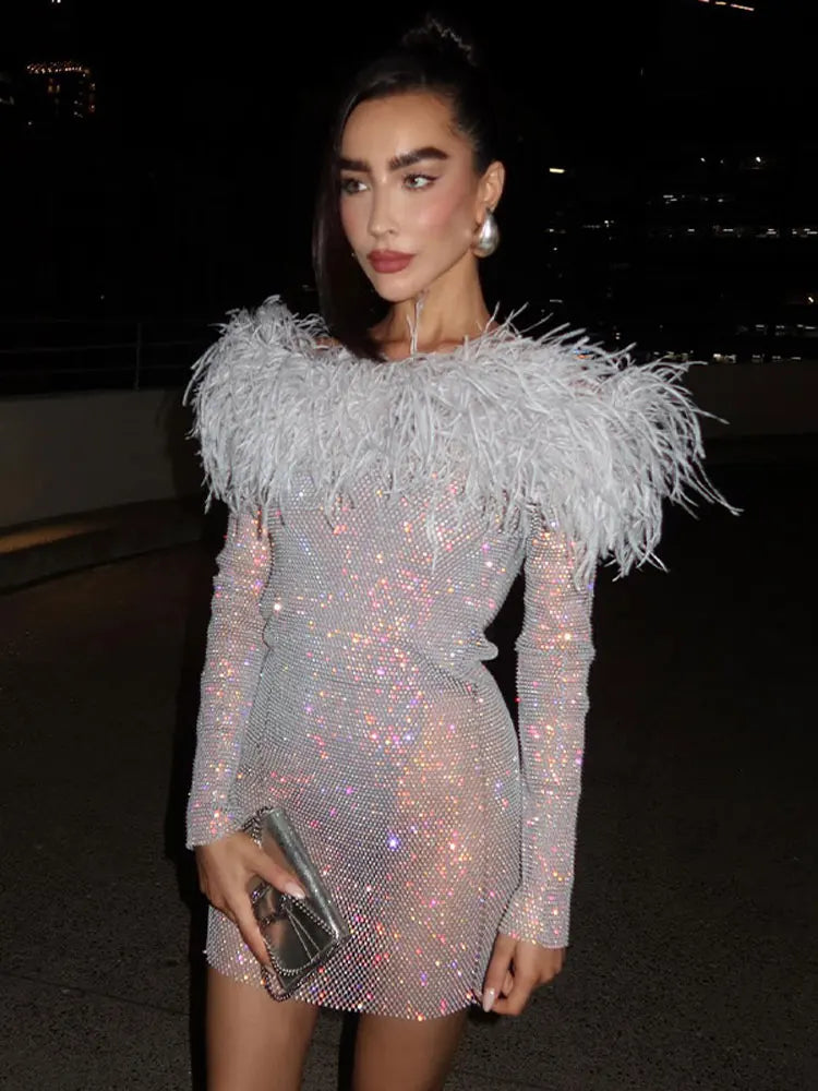 Sexy Sequins Shiny Mini Dress For Women Elegant Feather Slash Neck Flare Sleeve Slim Dresses Fashion Female Night Party Vestidos