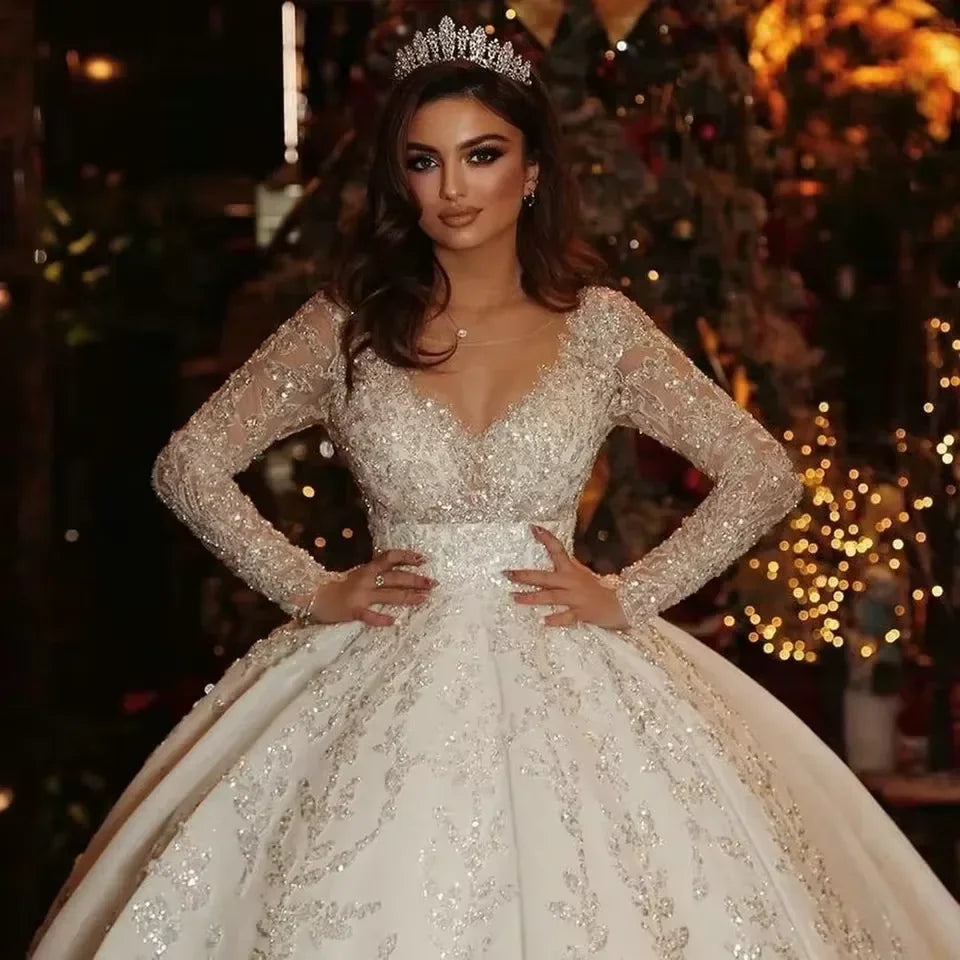Customized 2025 Saudi Arabic Ball Gown Long Sleeve Wedding Dresses Princess Sweetheart Glitter Sequined Appliques Bride Gowns