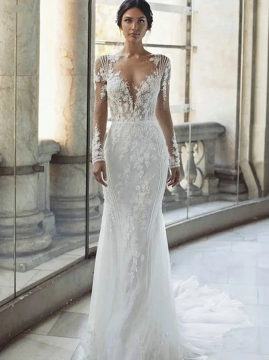 Customized Elegant Illusion Long Sleeve Boho Wedding Dresses A-Line Detachable Train Appliques Lace Country Bridal Gowns