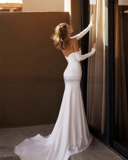 White Simple Cheap Wedding Dresses Mermaid Bride Dress Pleated Strapless Split Side China Wedding Gowns Vestidos de Noiva