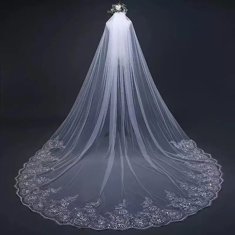 Handcrafted bridal veil cathedral length custom designer ivory tulle wedding veil side view