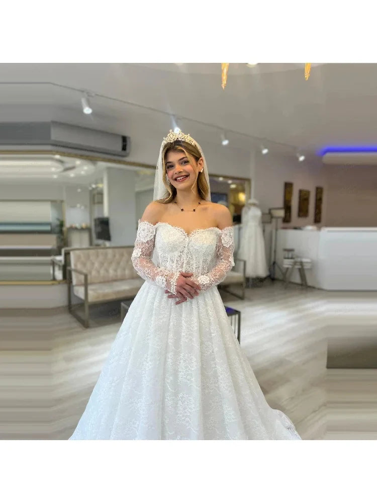Customized 2026 Elegant Wedding Dresses Women's A Line Lace Off Shoulder Bridal Gowns Long Sleeve Party Vestidos De Novia