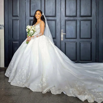 customized Luxury White Wedding Dresses Ball Gown O-Neck Beaded Appliques Long Sleeves Bridal Gown vestidos de noiva