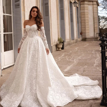 Customized Romantic Sweetheart Long Sleeve A-Line Lace Wedding Dresses Sweep Train Princess Bridal Gown Vestido De Noiva