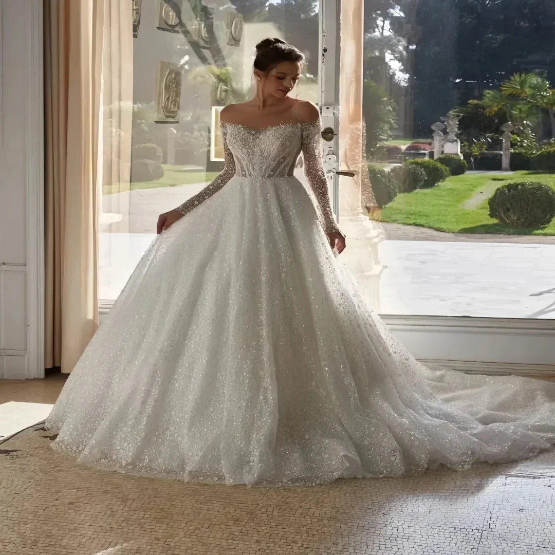2026 Beads Sequined Wedding Dress Sheer Neck Long Sleeves Pearls A-line Bridal Gown Fashion Robe De Mariage for Bride