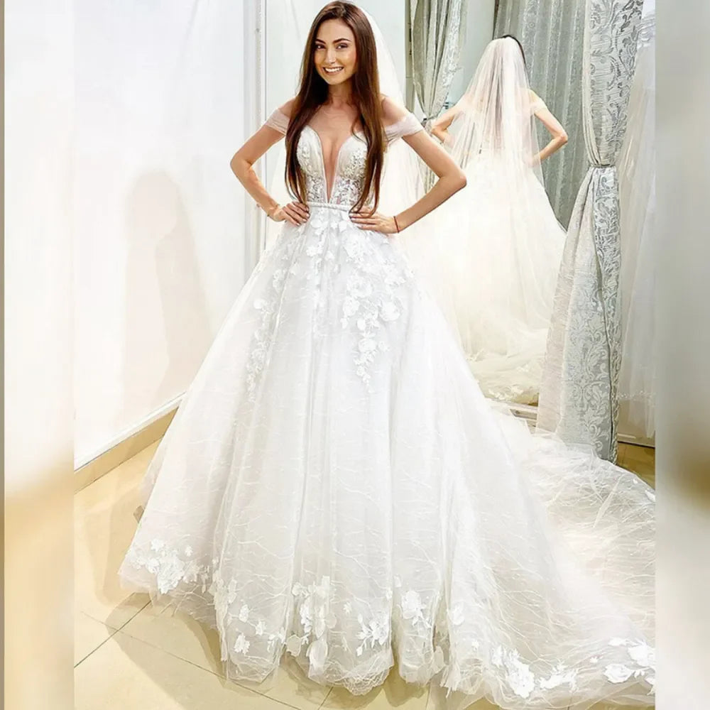 Fashion A Line Country Bridal Sexy V-neck off-the-shoulder Princess Illusion Layered tulle applique Bridal dress New