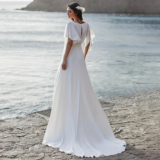 Customized Chiffon High Split Long V Neck Bridal Gown Backless Short Flutter Sleeves Beach Plus Size Boho Keyhole Wedding Dress