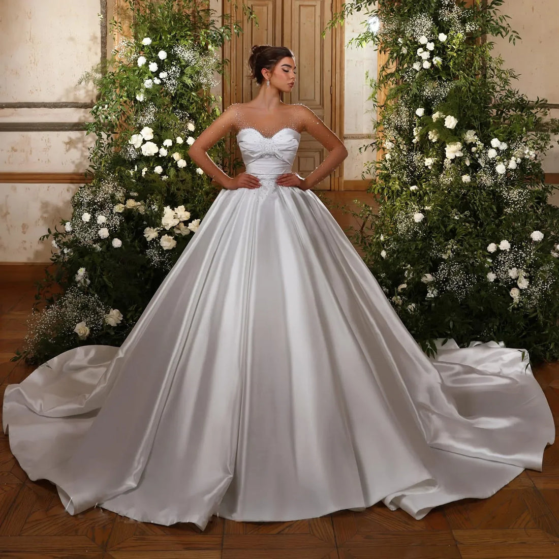 Exquisite beading satin ball gown wedding dress long sleeve illusion back bridal gown