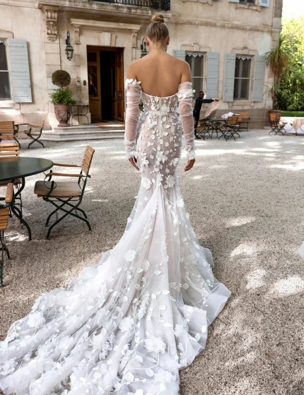 Boho off-shoulder 3D lace long sleeve elegant mermaid bridal gown back view