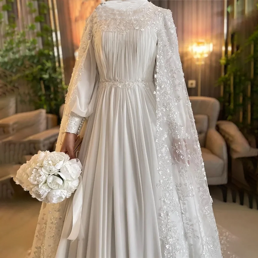 High Collar Dubai Exquisite Wedding Dress Long Cape Ruched Chiffon A Line Sparkle Beading Crystals Customized Bridal Gowns