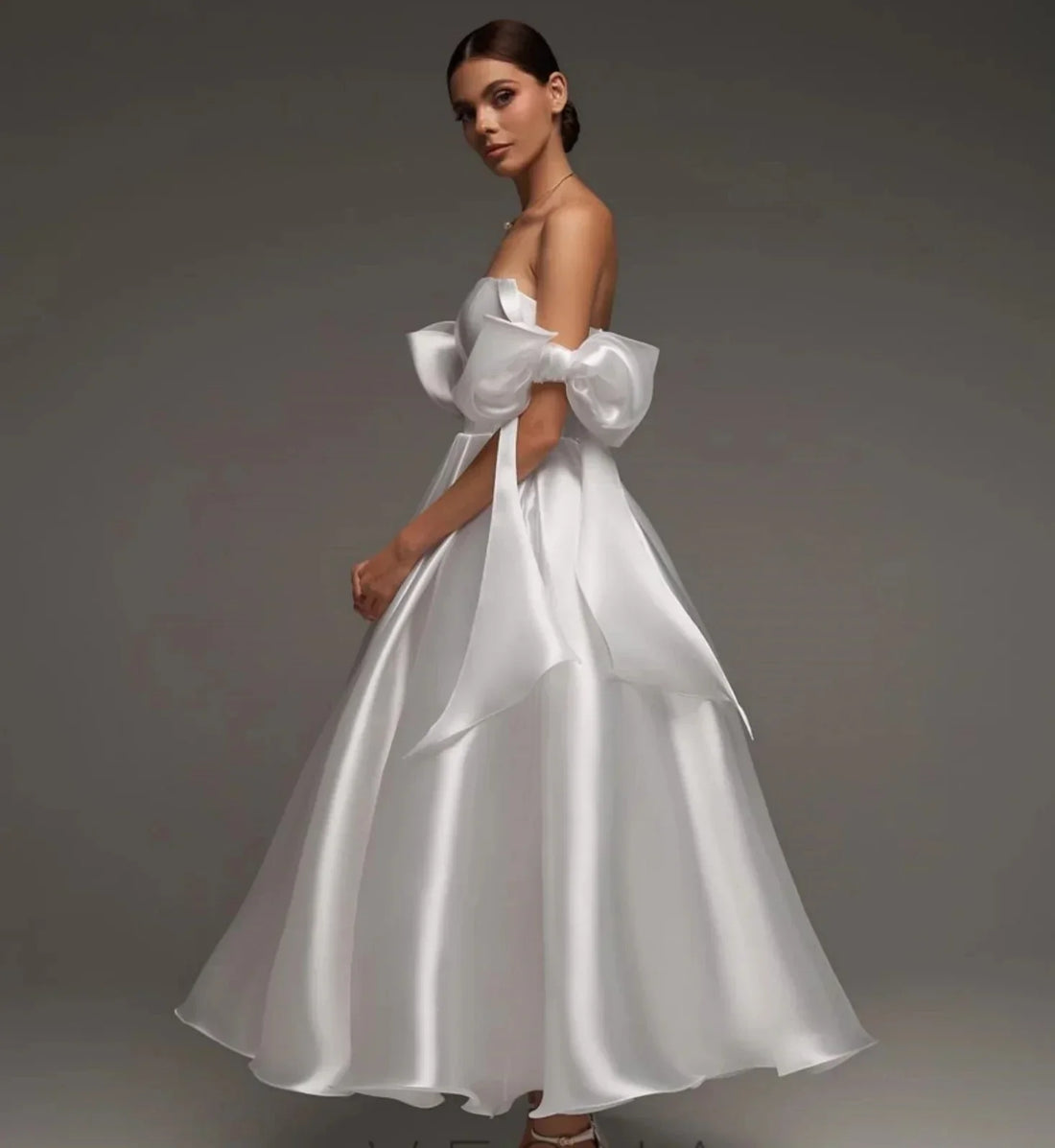 Off-shoulder princess A-line satin tea-length formal bridal party gown bride dress wedding