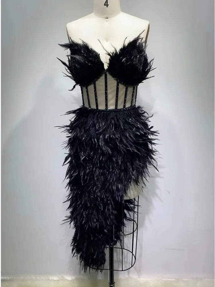 Women Black Tube Dress Luxury Prom Gowns High Quality Furry Asymmetric Bustier Dresses Ladies Celebrity Evening Party Going Out