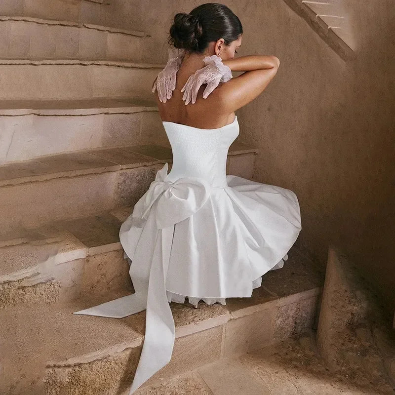 A-line short wedding dress sweetheart pleats big bow summer beach country bride party gown