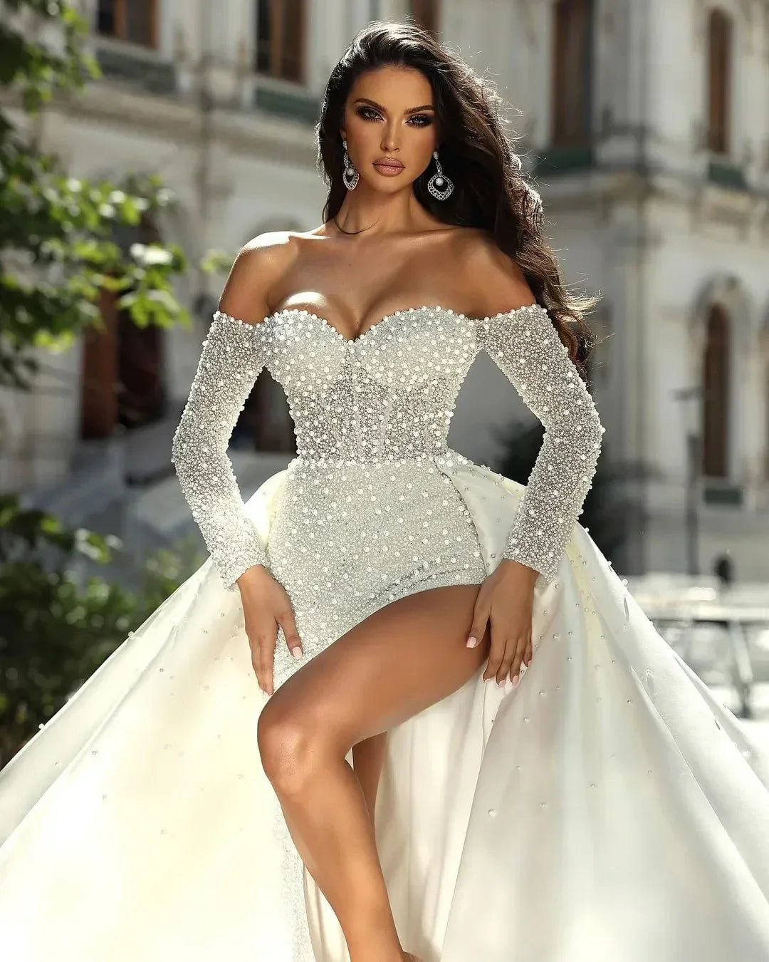 Fashion mermaid wedding dress 2026 sweetheart off-the-shoulder pearls side slit satin bridal gown