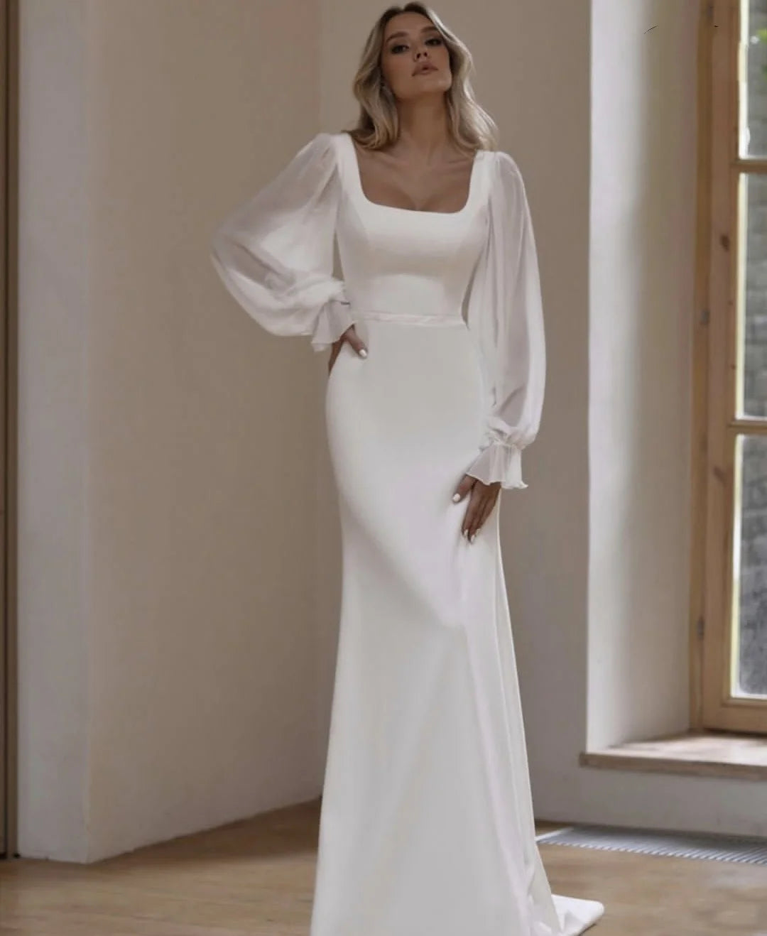 Customize To Measures Mermaid Wedding Dress Long SLeeve Puff Sleeve Spandex Square collar Floor Length Civil Robe De Mariee