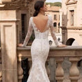Mermaid lace long sleeve exquisite backless sweep train appliques bridal gown back view