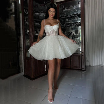 Short Wedding Dresses Sparkly Sequins Bridal Dress Spaghetti strap Corset Sexy Bride Gown Mini Party Dress Civil Customized