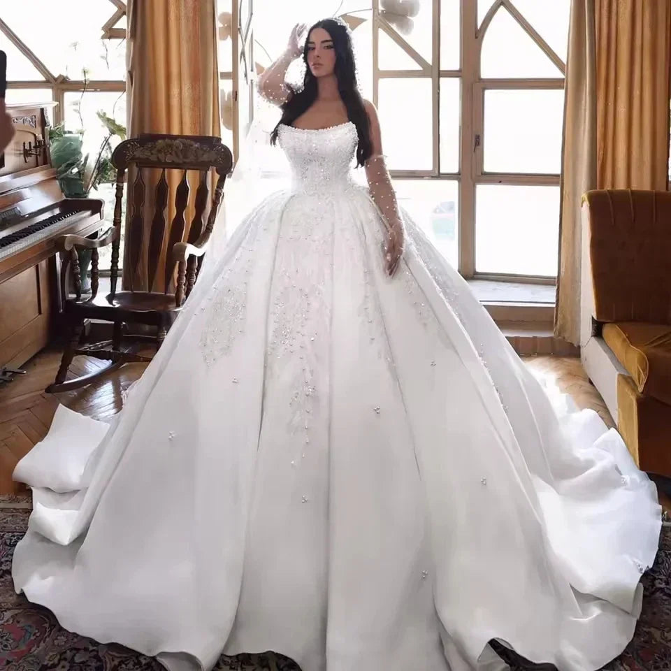 Luxury beading pearls ball gown wedding dress lace off-shoulder strapless princess Arabic Dubai bridal gown