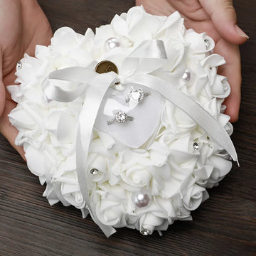 Wedding Ring Bearer Pillow Cushion Romantic Ivory Satin Crystal Ring Pillow Heart Shape for Engagement Propose Marriage Decor