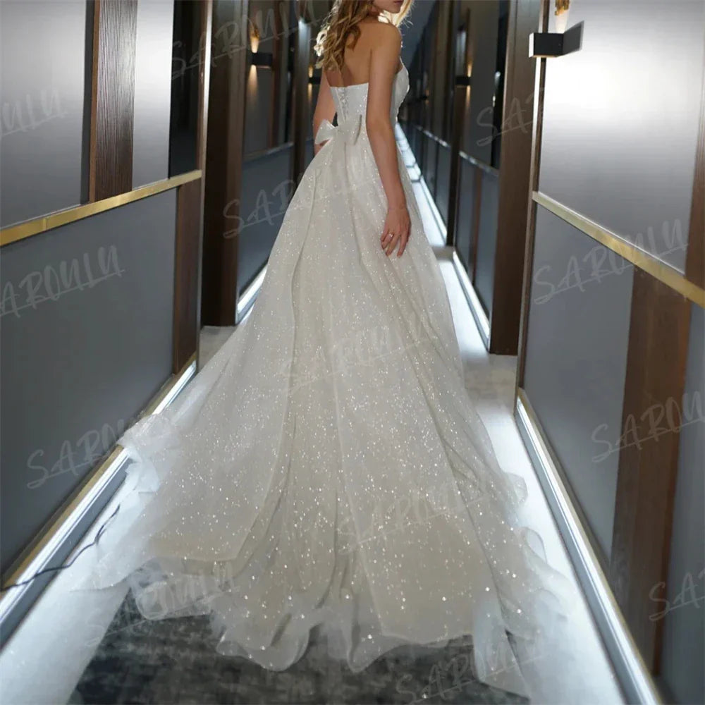 Strapless glitter A-line sequined shiny sleeveless pleated wedding dress bridal gown