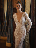 Deep V-neck backless lace appliques sparkly beads sequins long classic sexy wedding dress bridal gown ivory