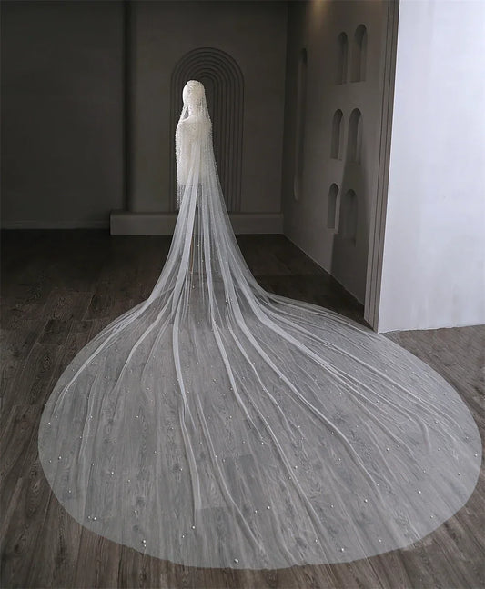 1Tier Wedding Veil With Pearls Long Luxury Bridal Veil with Comb Scattered Dense Pearls Gorgeous Mantilla Cathedral Custom Veil