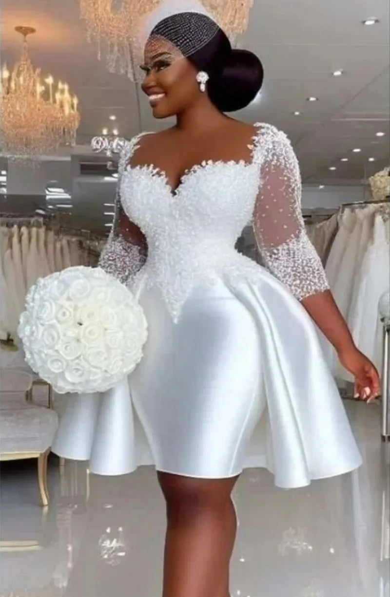 New short wedding dress 2026 sheer neck half sleeves lace appliques pearls satin bridal gown