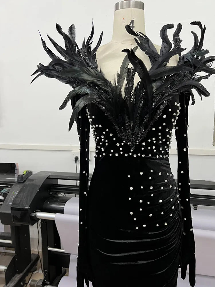 New Women Luxury Sexy Long Sleeve Feather Pearl Velvet Black Maxi Long Gowns Dress Elegant Celebrity Evening Party Club Dress