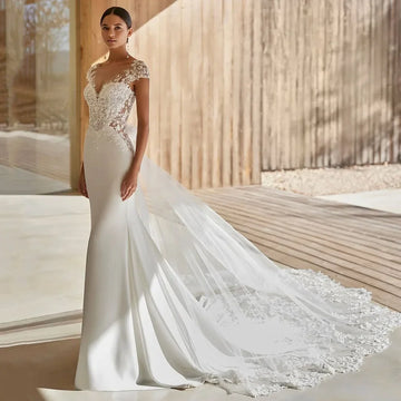 Customized Backless Lace Bridal Gown With Flowing Train Appliques Bride Dress For Women Elegant Cap Sleeve Wedding Dress