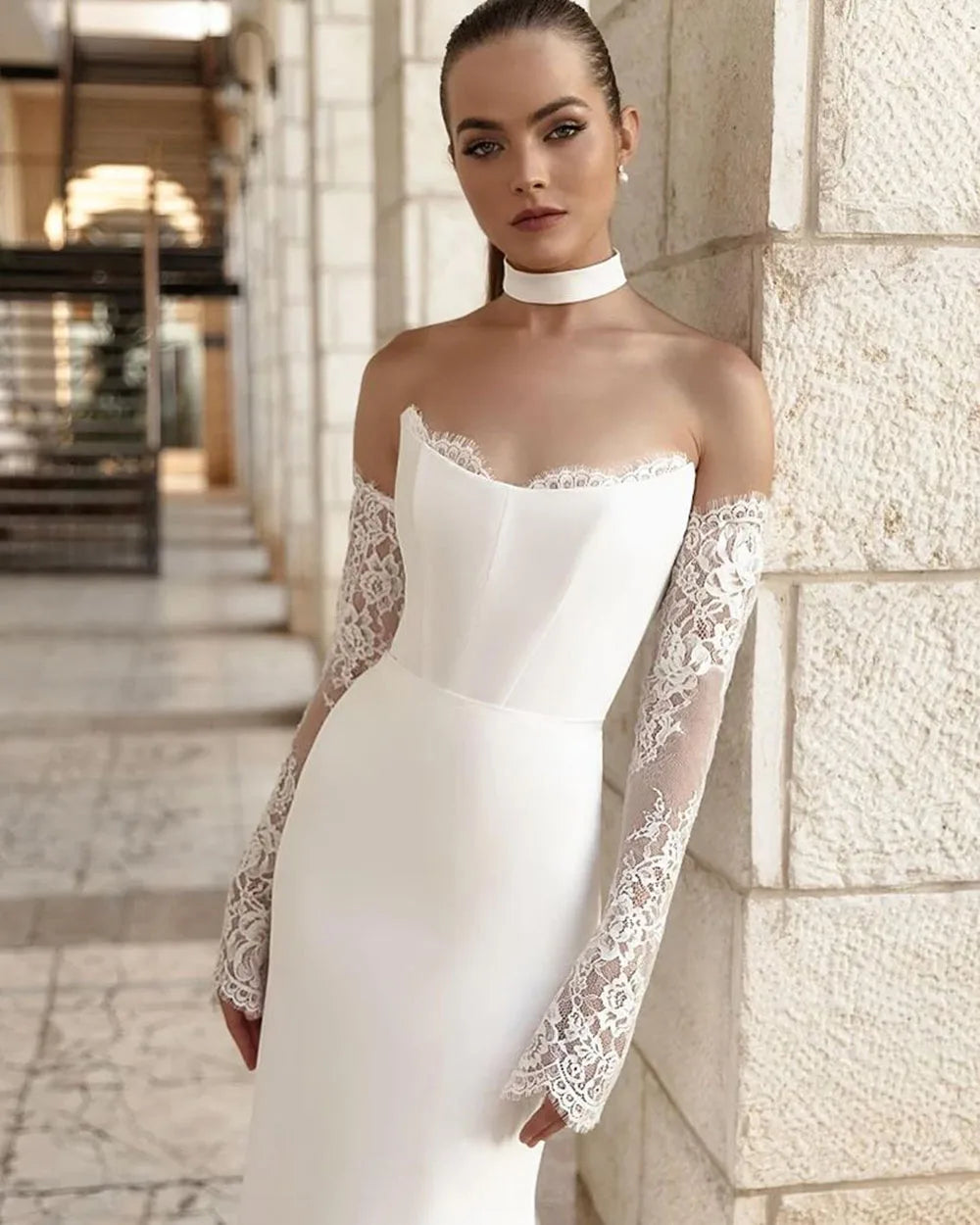 Vintage mermaid sweetheart satin corset detachable lace sleeves bridal gown front view