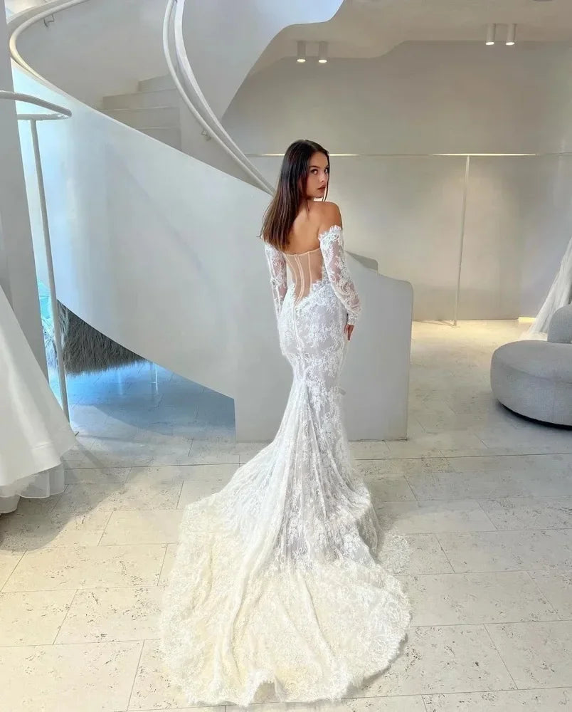 Customzied Sexy Long Sleeves Full Lace Applique Mermaid Wedding Dresses Sweep Train Vestido de novia Bride Dresses