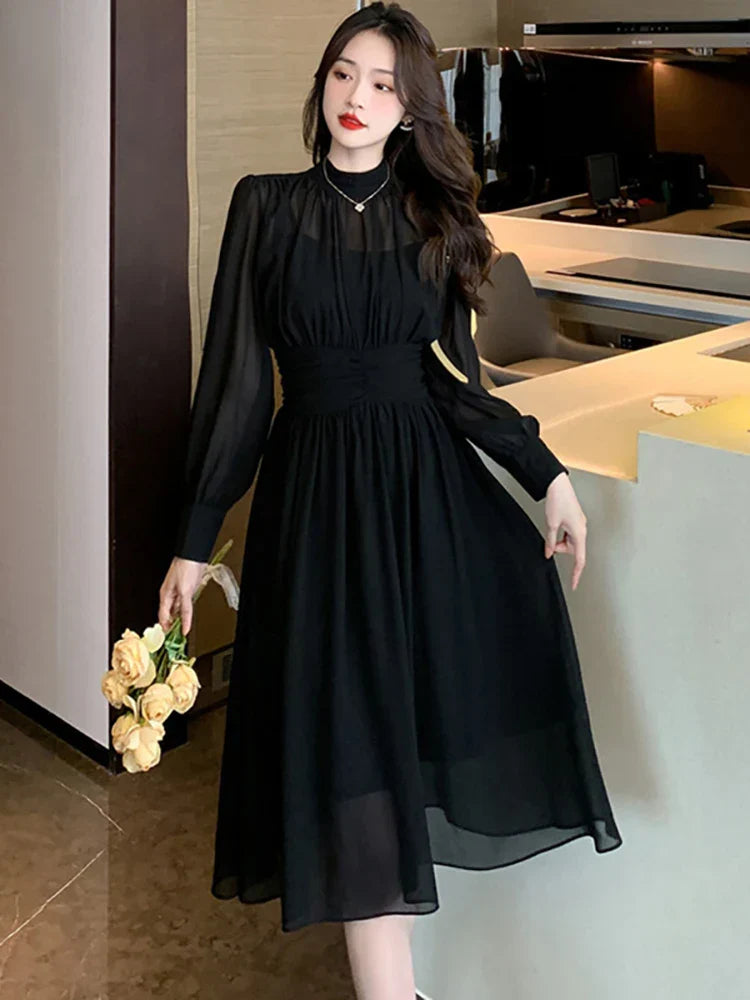 Women Korean Vintage Hepburn Dress Black Chiffon Long Sleeve Midi Dress Spring Summer Elegant Luxury Party Evening Dresses