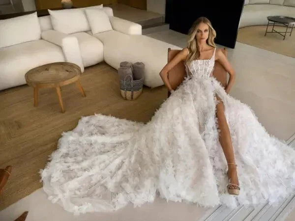 Luxury 3D flowers sexy side split A-line wedding gown corset bone formal bridal dress