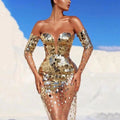 Tassel off-shoulder gold sequins mesh see-through sexy long evening prom night club dress side view