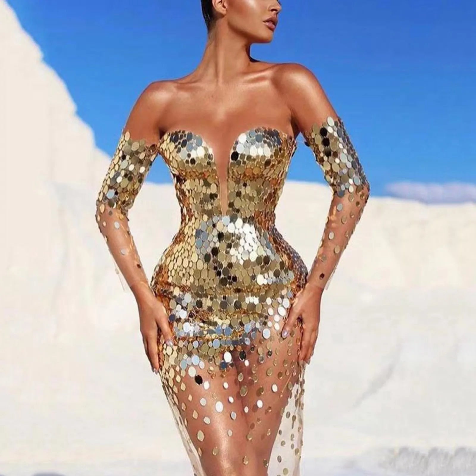 Tassel off-shoulder gold sequins mesh see-through sexy long evening prom night club dress side view