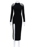 CNYISHE Beading Split Sexy Club Women Dresses Half High Neck Long Sleeve Streetwear Backless Slim Bodycon Female - Image 5