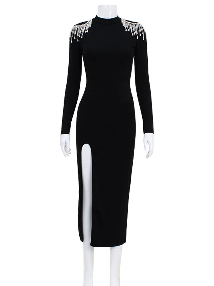 CNYISHE Beading Split Sexy Club Women Dresses Half High Neck Long Sleeve Streetwear Backless Slim Bodycon Female - Image 5