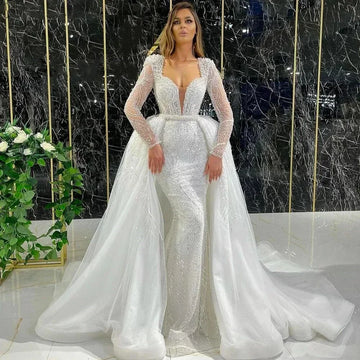 Customized Luxury Pearls Sequins Mermaid Wedding Dresses Deep V Neck Bridal Gowns with Detachable Train Vestidos De Novia