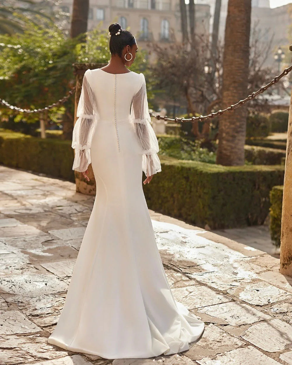 Customized Civil Wedding Dress Square Neckline Puff Sleeves Elegant Mermaid Wedding Gown with Buttons Bridal Party Dress